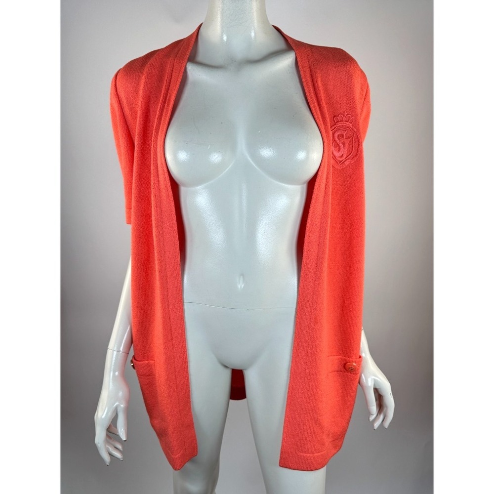 St John Santana Knit Open Front Cardigan Women M EUC Flaw* Short Sleeve Pockets